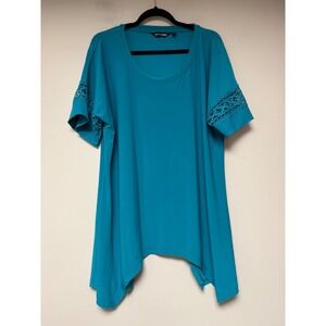 Nina Leonard Turquoise Lace Sleeve Tunic Top Plus Size XL Asymmetrical Hem